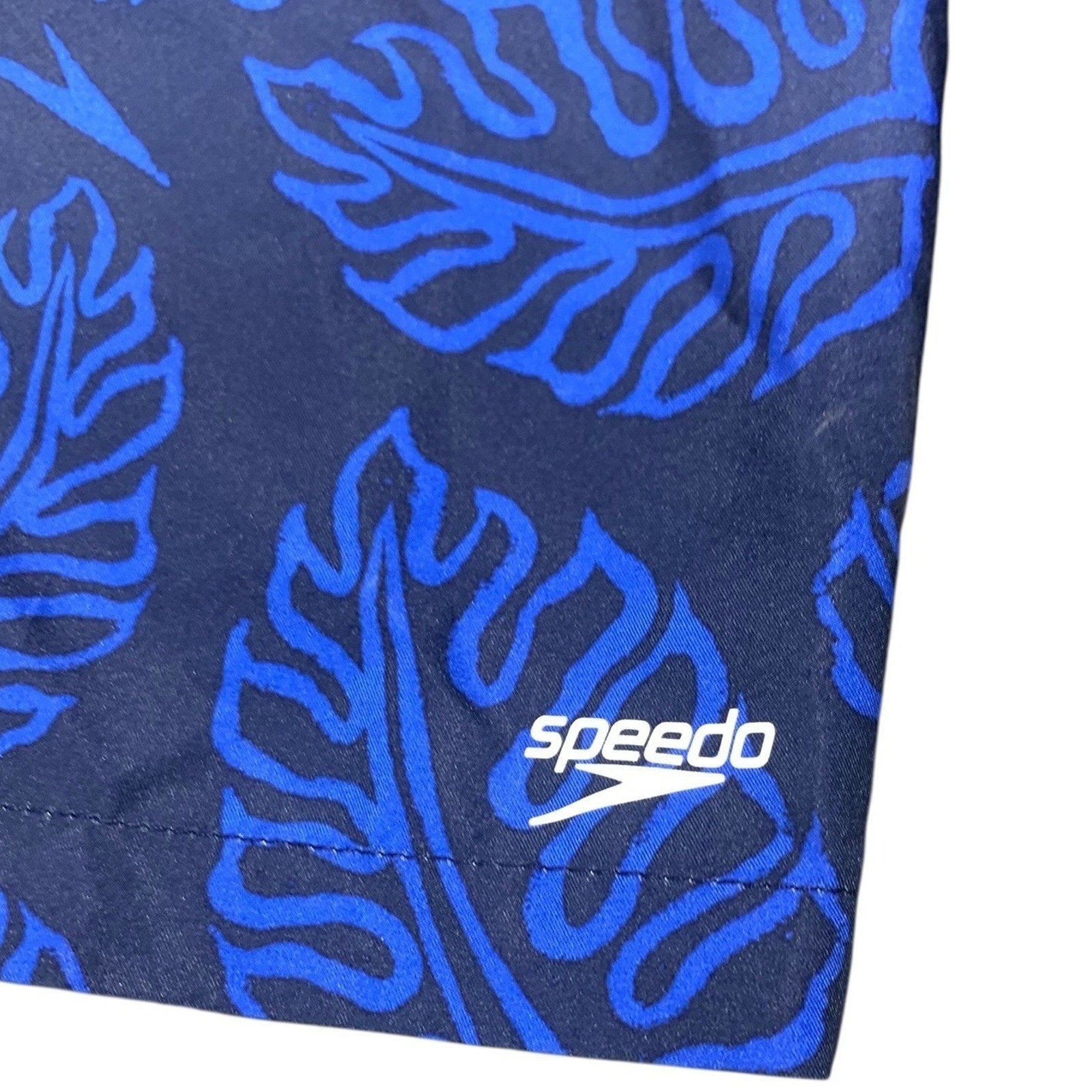 Speedo Mens Navy Blue Monstera Leaf Print Swim Trunks Mesh Lining Size Medium