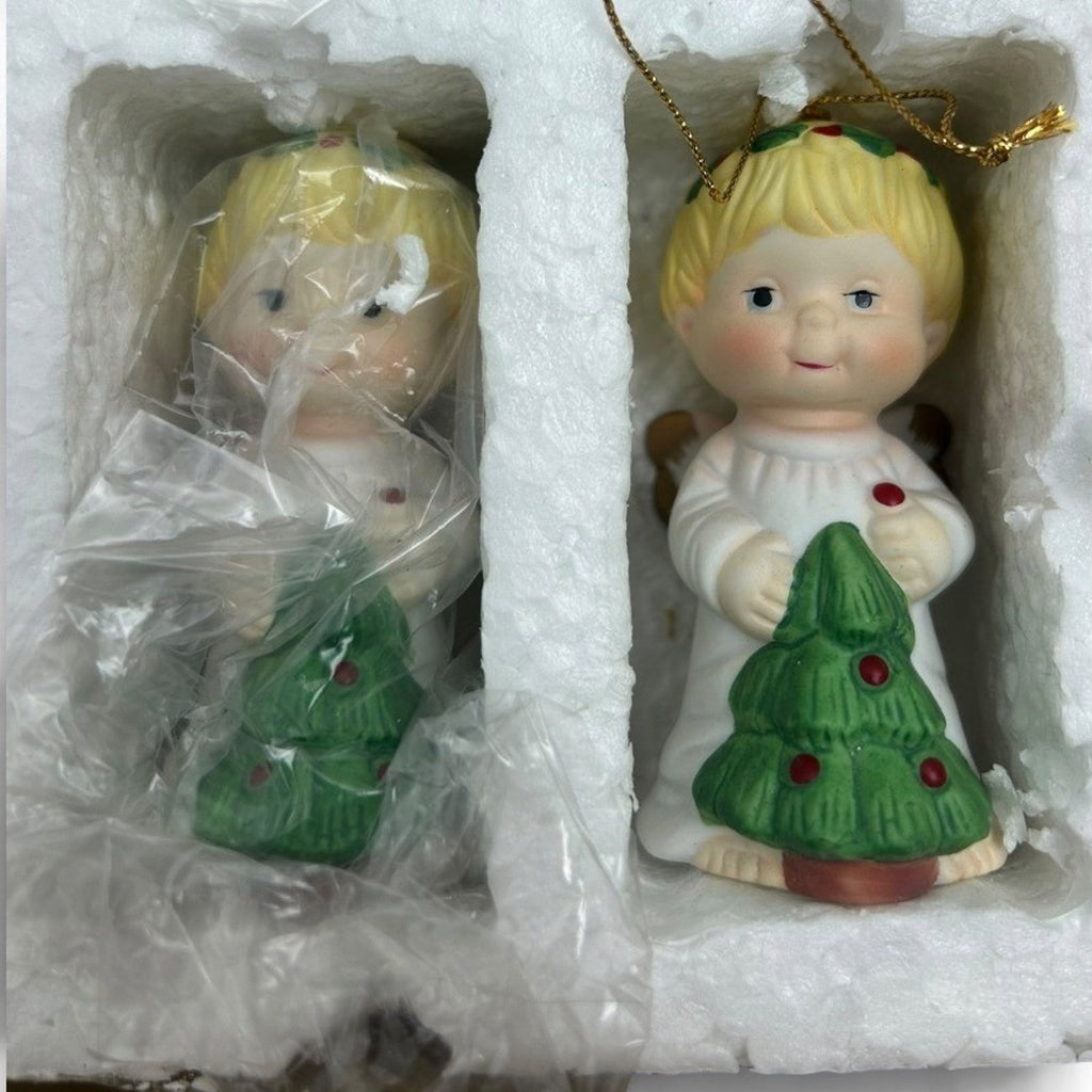 Vintage Ceramic Angel Christmas Ornament Set 12pc Made in Taiwan H9432 3in