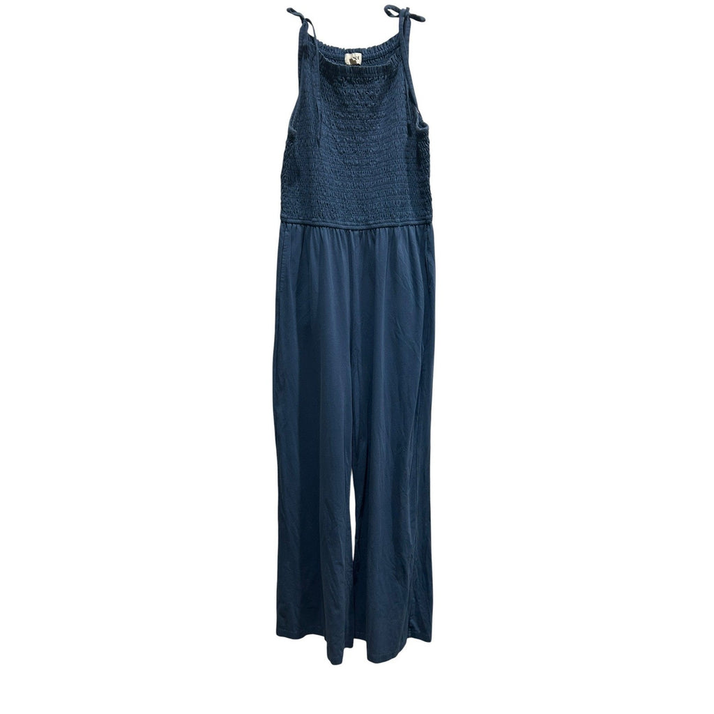 Pact Womens Blue navy Organic Cotton Smocked Wide Leg Jumpsuit Size L Pockets