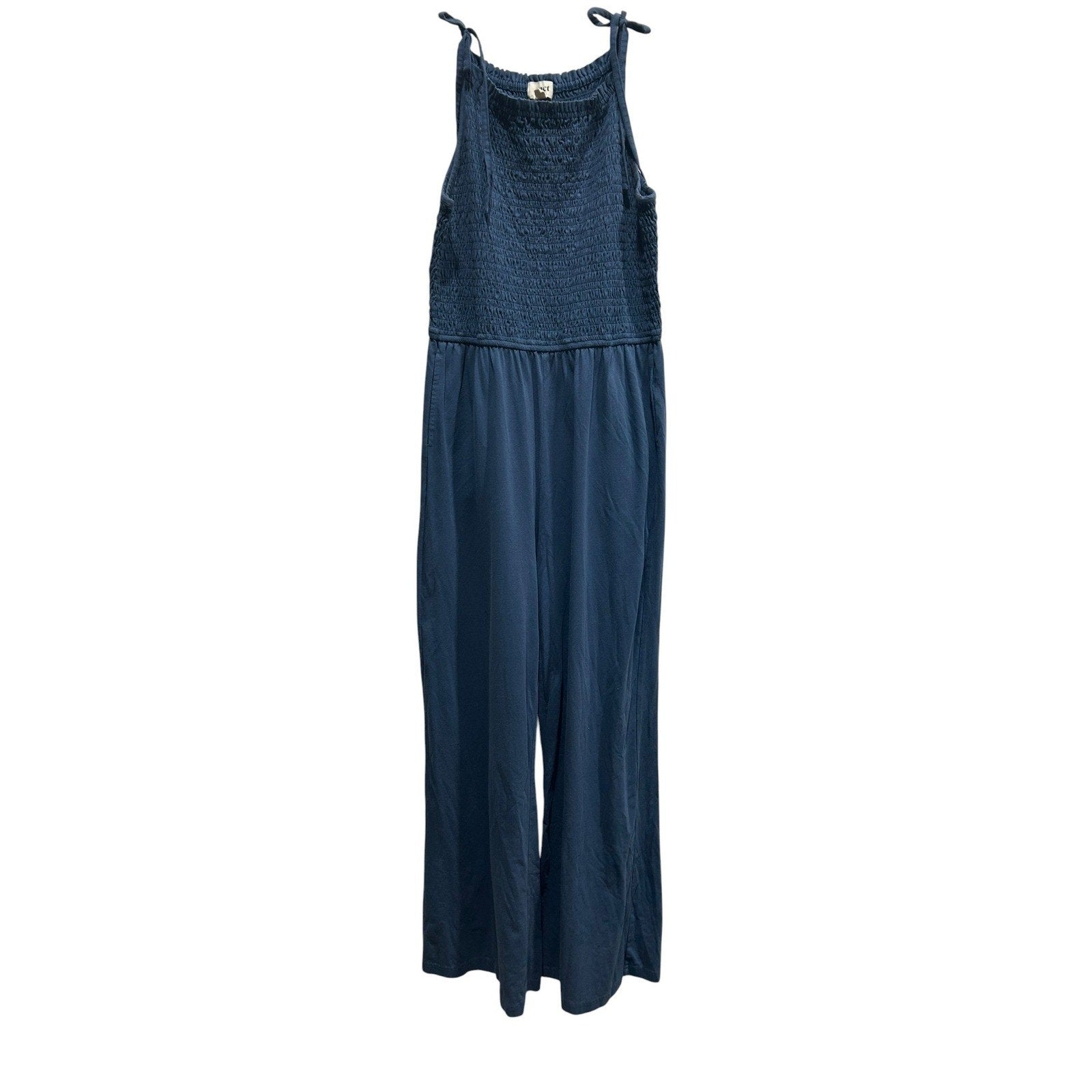 Pact Womens Blue navy Organic Cotton Smocked Wide Leg Jumpsuit Size L Pockets