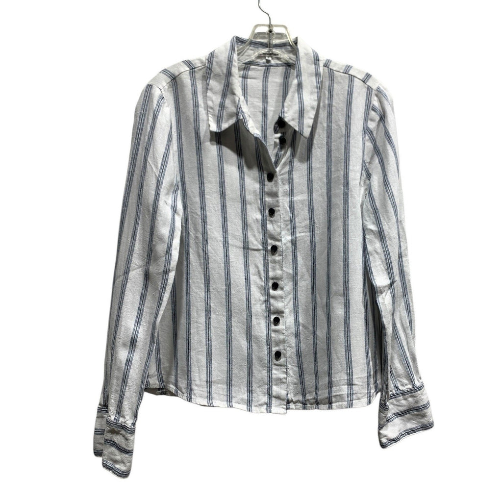 Reformation Womens Small White Navy Blue Striped 100% Linen Button Down Shirt S