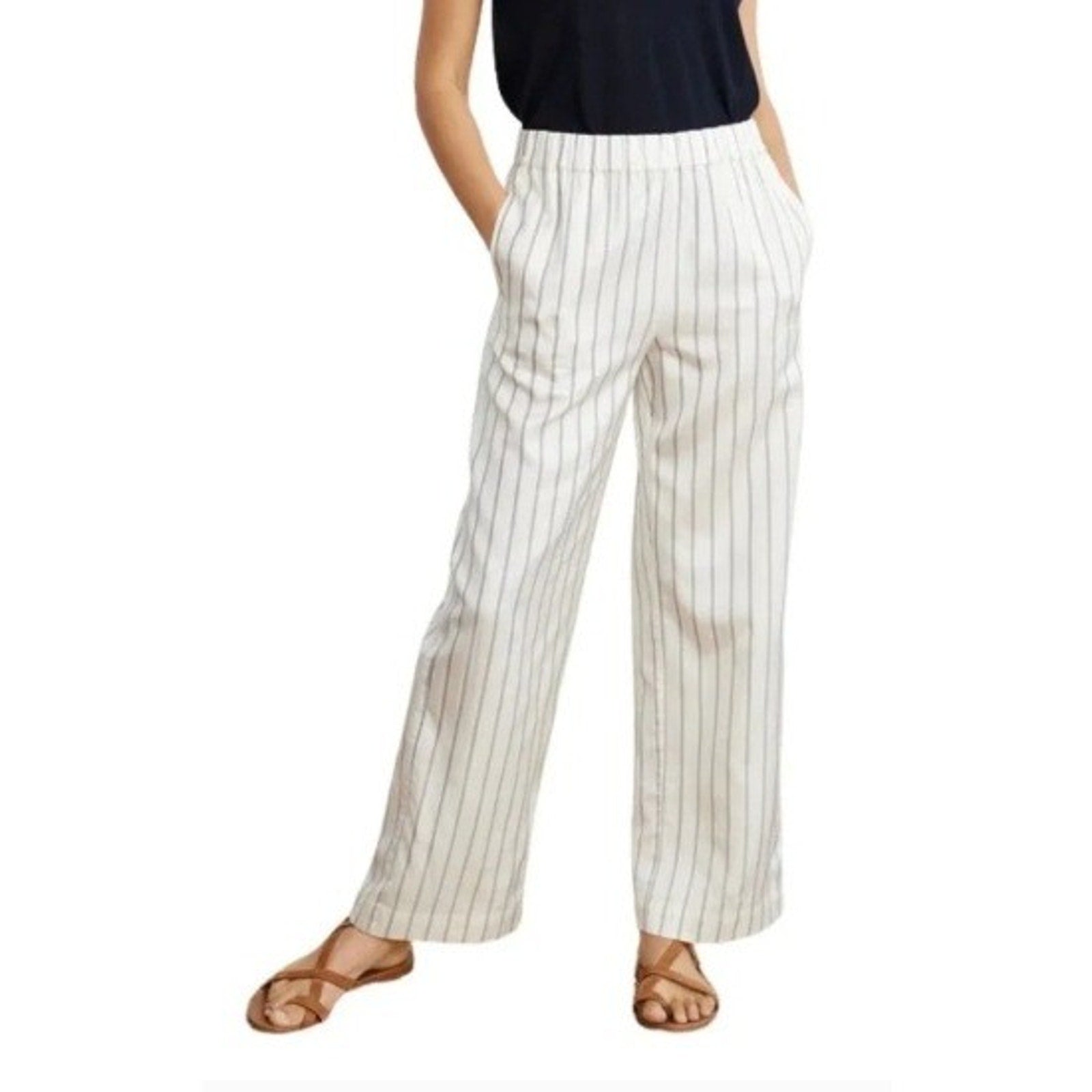 Jenni Kayne Striped Wide Leg Pull On Pants Ivory Tan Cuffed Size M