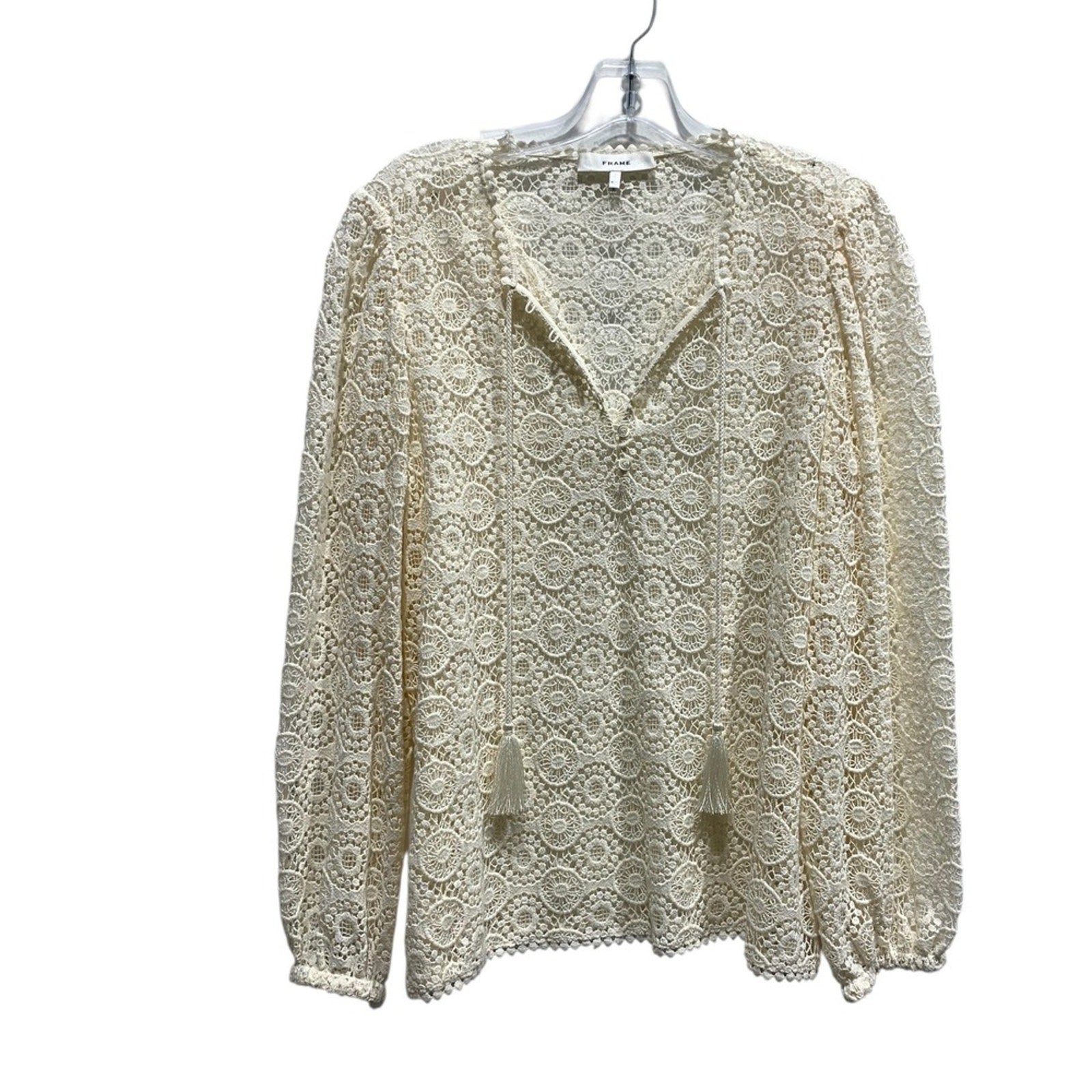 FRAME Cream Crochet Lace Boho Long Sleeve Tassel V Neck Blouse Top M/M