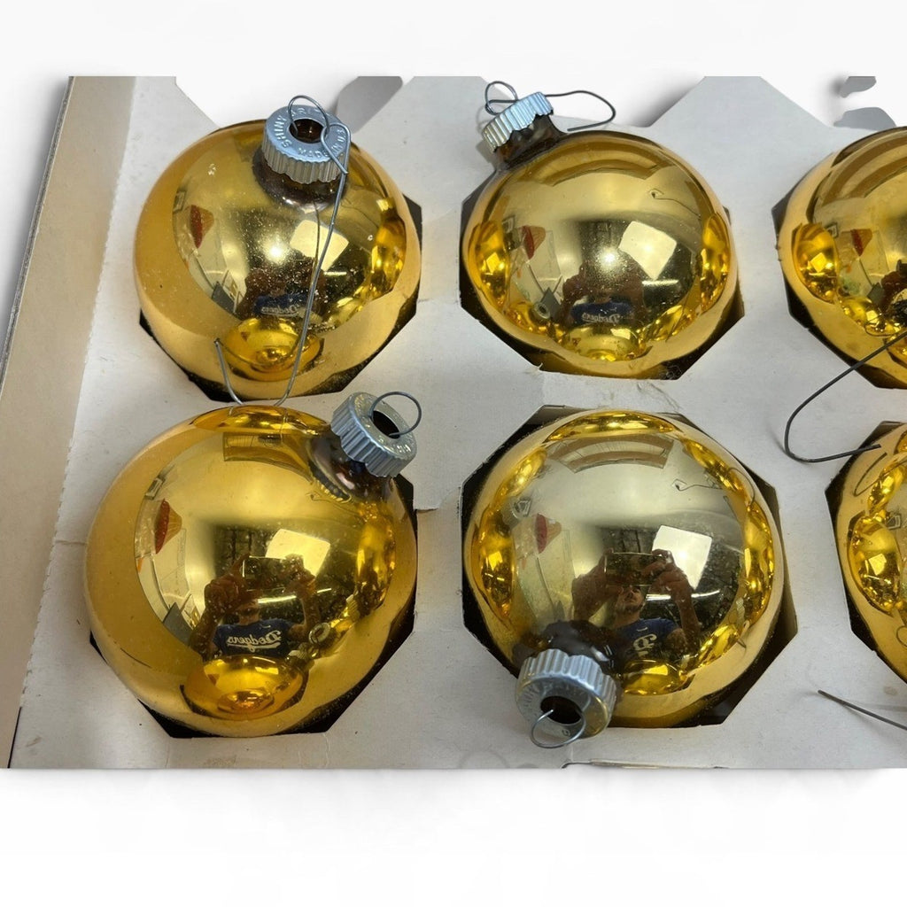 Vintage Shiny Brite Gold Glass Christmas Ornaments Set of 9 USA Made 3in Patina