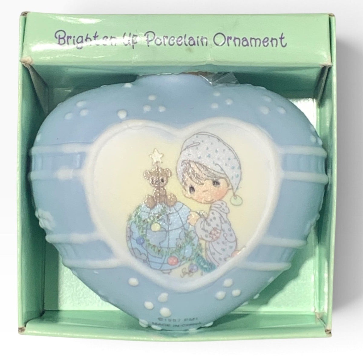 Precious Moments Brighten-Ups Porcelain Heart Christmas Ornament 1997 Enesco