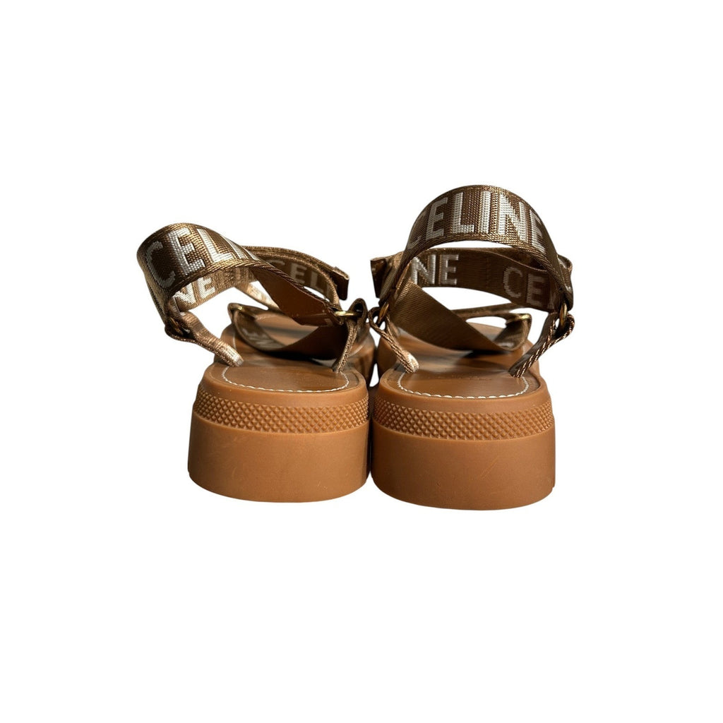 Celine Leo Flat Sandals Bronze Logo Jacquard Lug Sole Womens Size 40 Italy