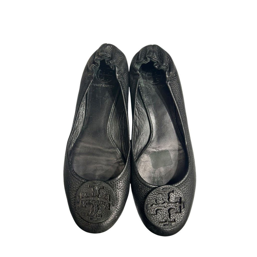 Tory Burch Minnie Travel Ballet Flats Black Pebbled Leather Logo Size 10M chic