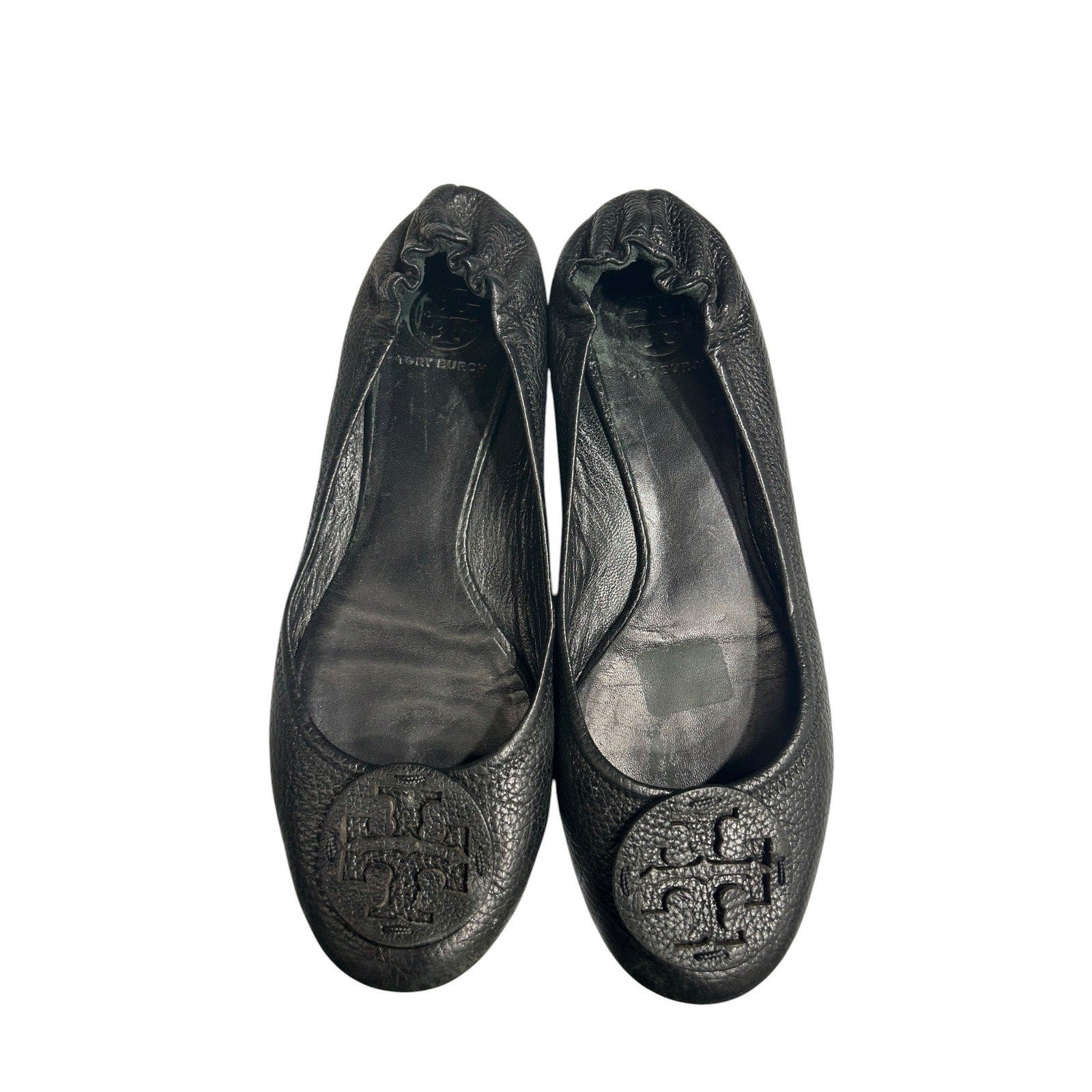Tory Burch Minnie Travel Ballet Flats Black Pebbled Leather Logo Size 10M chic