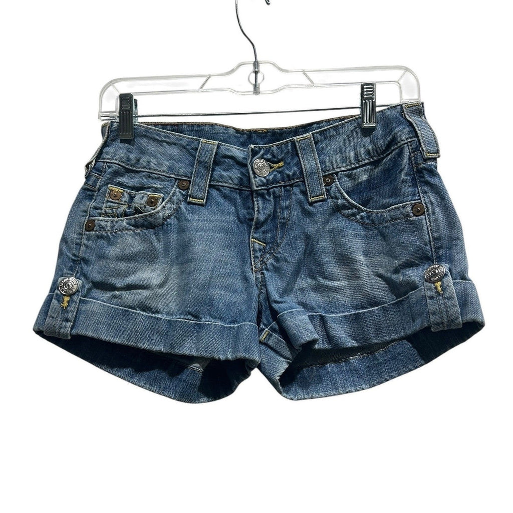 True Religion Jess Low Rise Denim Shorts Medium Wash Blue Size 26 Made in USA