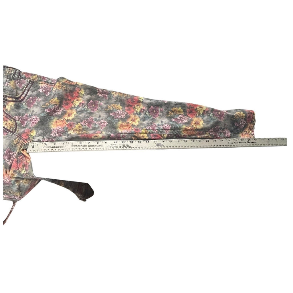 Miss Me Floral Print Skinny Jeans Grey Pink Orange Mid Rise Denim Size 27 whimsy