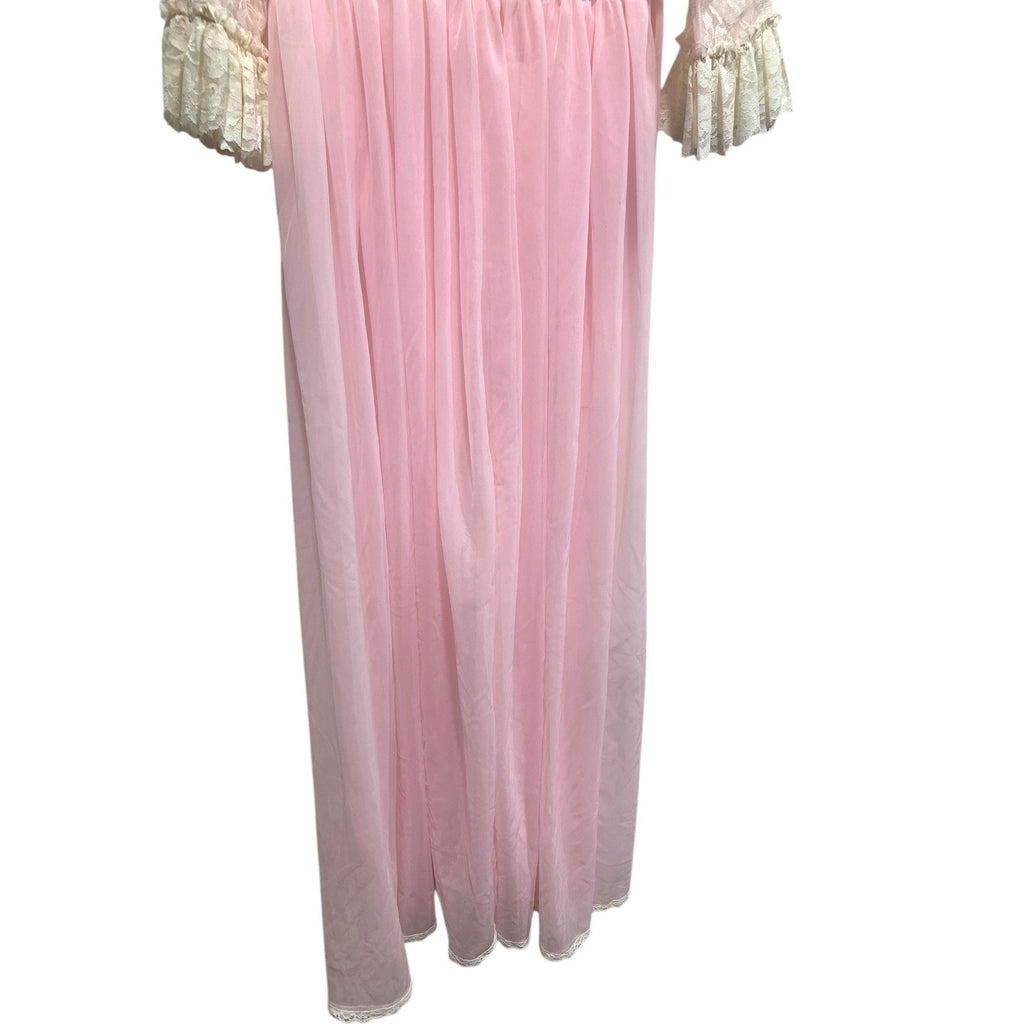 Vintage Pink Lace Maxi Nightgown Sheer Empire Waist Ruffle Sleeve Peignoir Dress