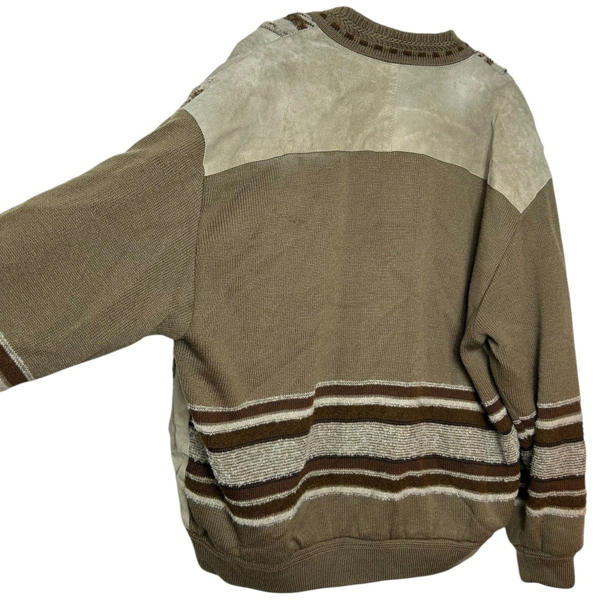 Vintage Maxini Collezione Suede 3D Knit Cardigan Jacket Mens XL Brown Tan patch