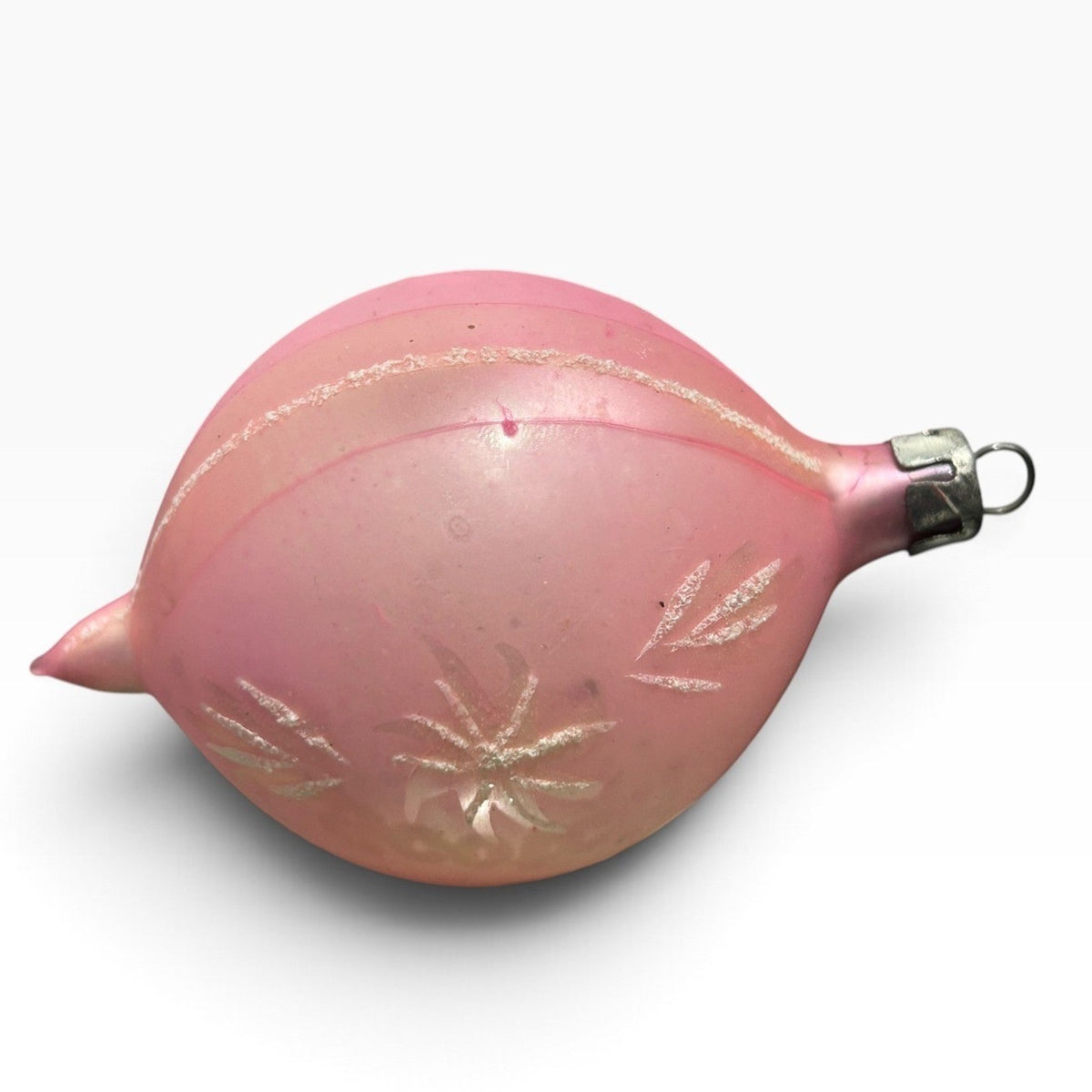Vintage Poland Pink Frosted Glass Teardrop Christmas Ornament Silver Starburst