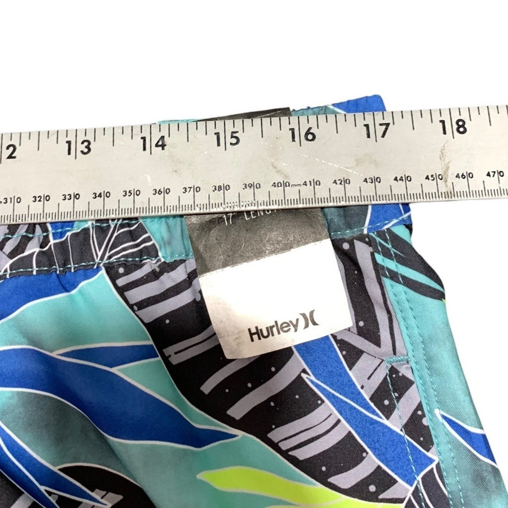 Hurley Mens Tropical Leaf Print Swim Trunks Teal Blue Lime Green Size Large 17"