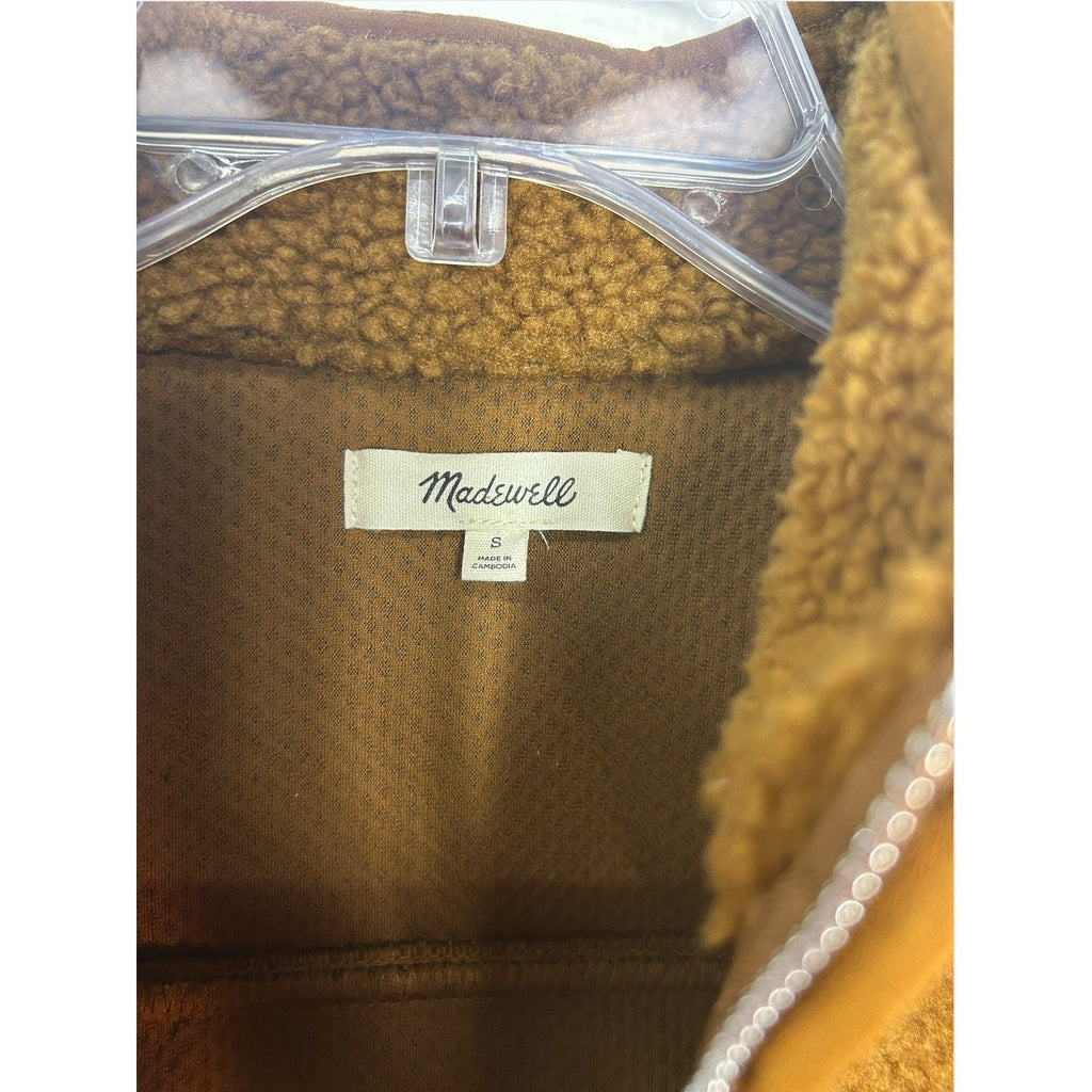 Madewell Womens Small Faux Shearling Half Zip Pullover Sweater Brown Contrast