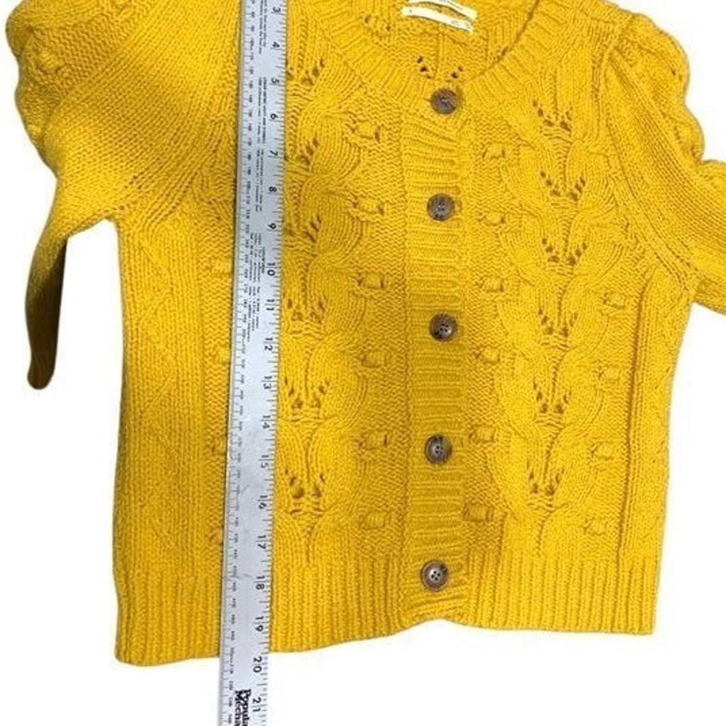 Anthropologie Mustard Yellow Cable Knit Puff Sleeve Cardigan Sweater Small
