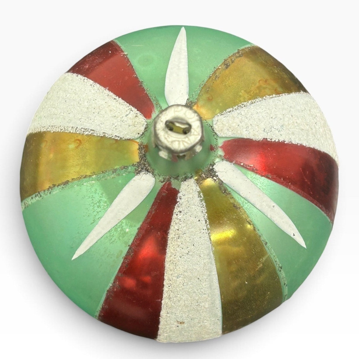 Vintage Poland Jumbo 4in Glass Christmas Ornament Teal Red Gold Striped Patina