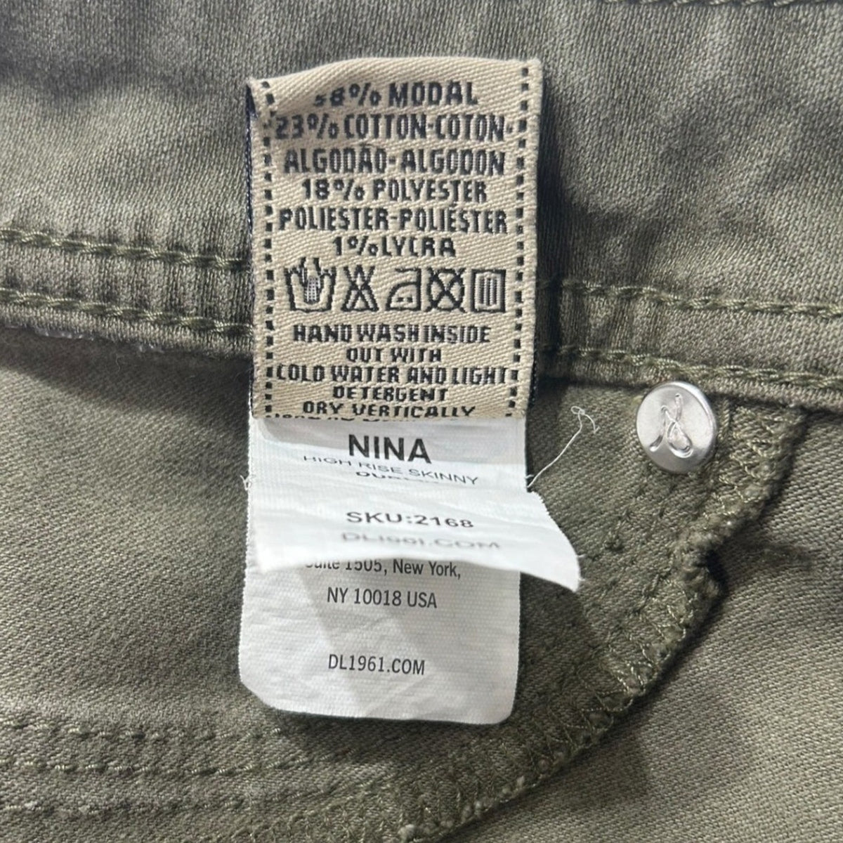 DL1961 Nina High Rise Skinny Pants Olive Green 4-Way Stretch Size 31 UTILITY MIN