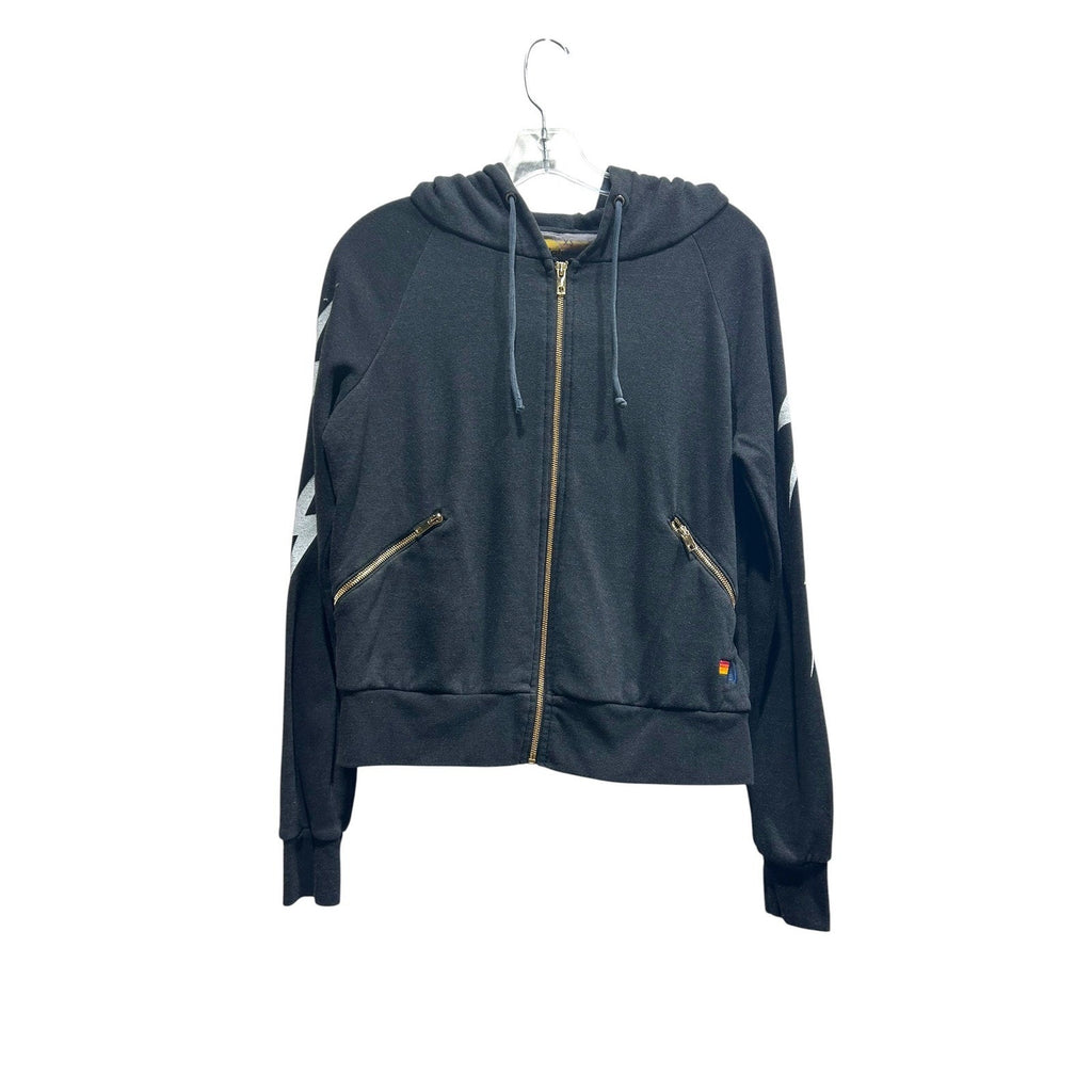 Aviator Nation Womens Charcoal Lightning Bolt Zip Up Hoodie Sweatshirt XS Black