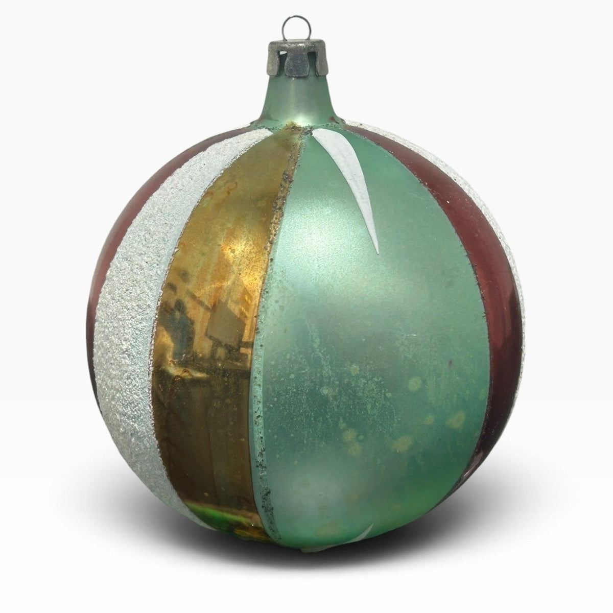 Vintage Poland Jumbo 4in Glass Christmas Ornament Teal Red Gold Striped Patina
