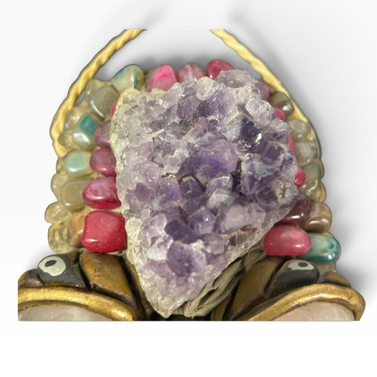 Brazilian Bamboo Mask Decor with Amethyst Rose Quartz & Natural Gemstones 12"