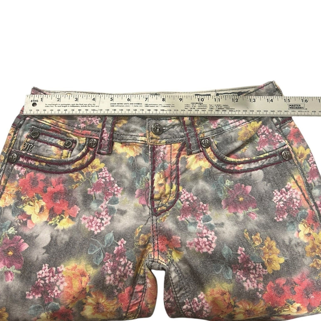 Miss Me Floral Print Skinny Jeans Grey Pink Orange Mid Rise Denim Size 27 whimsy