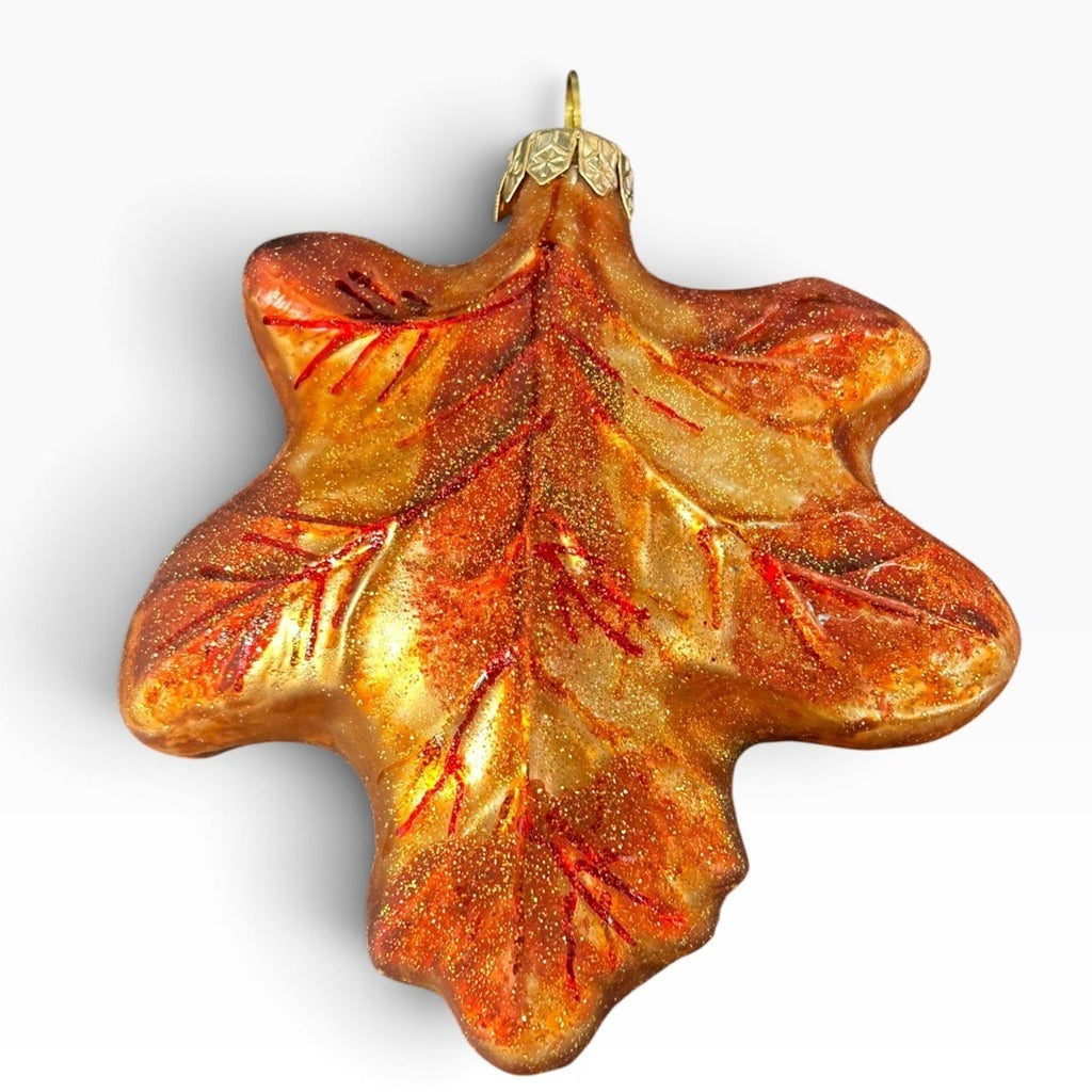 Dept 56 Poland Blown Glass Autumn Oak Leaf Ornament Amber Gold Glitter 5.5in