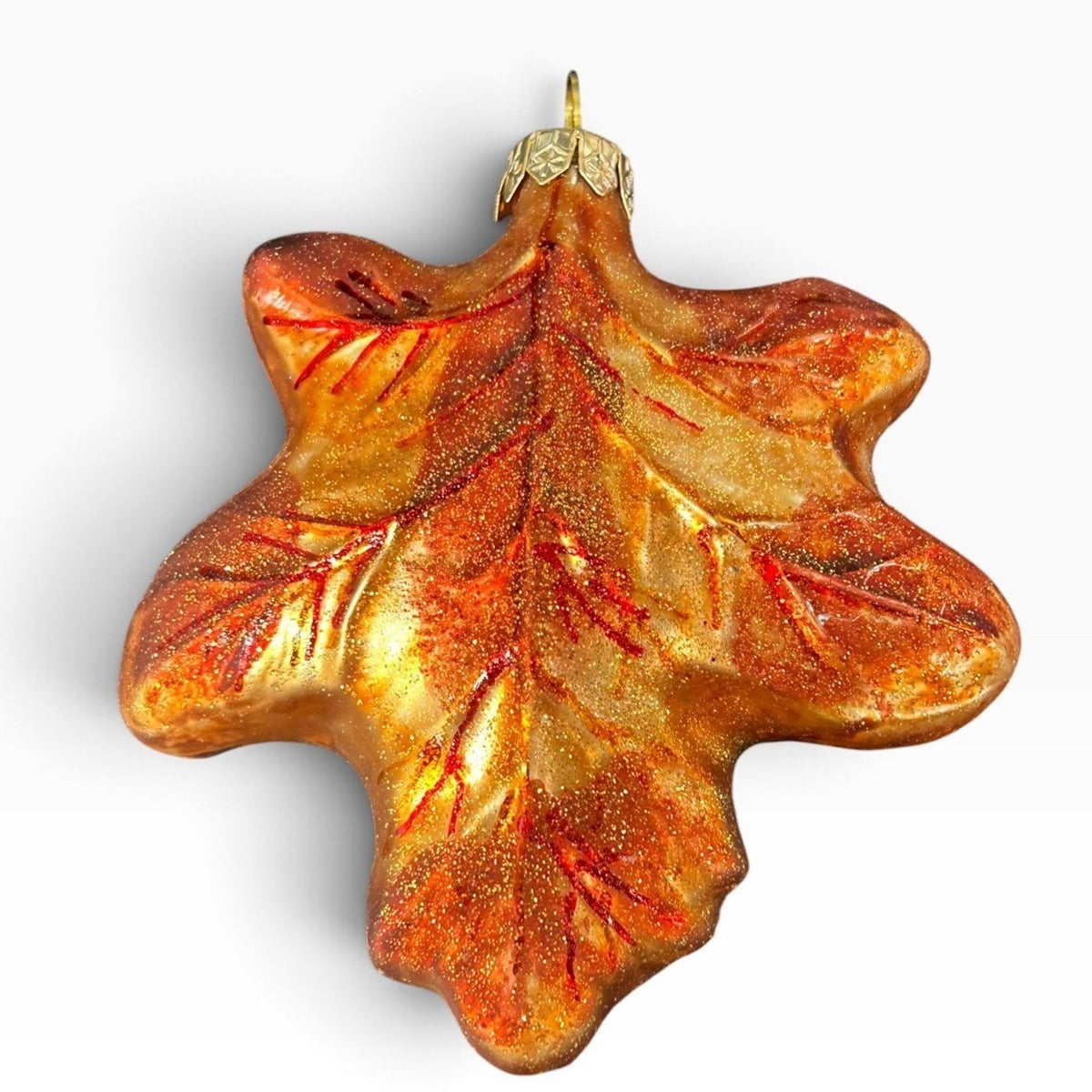Dept 56 Poland Blown Glass Autumn Oak Leaf Ornament Amber Gold Glitter 5.5in