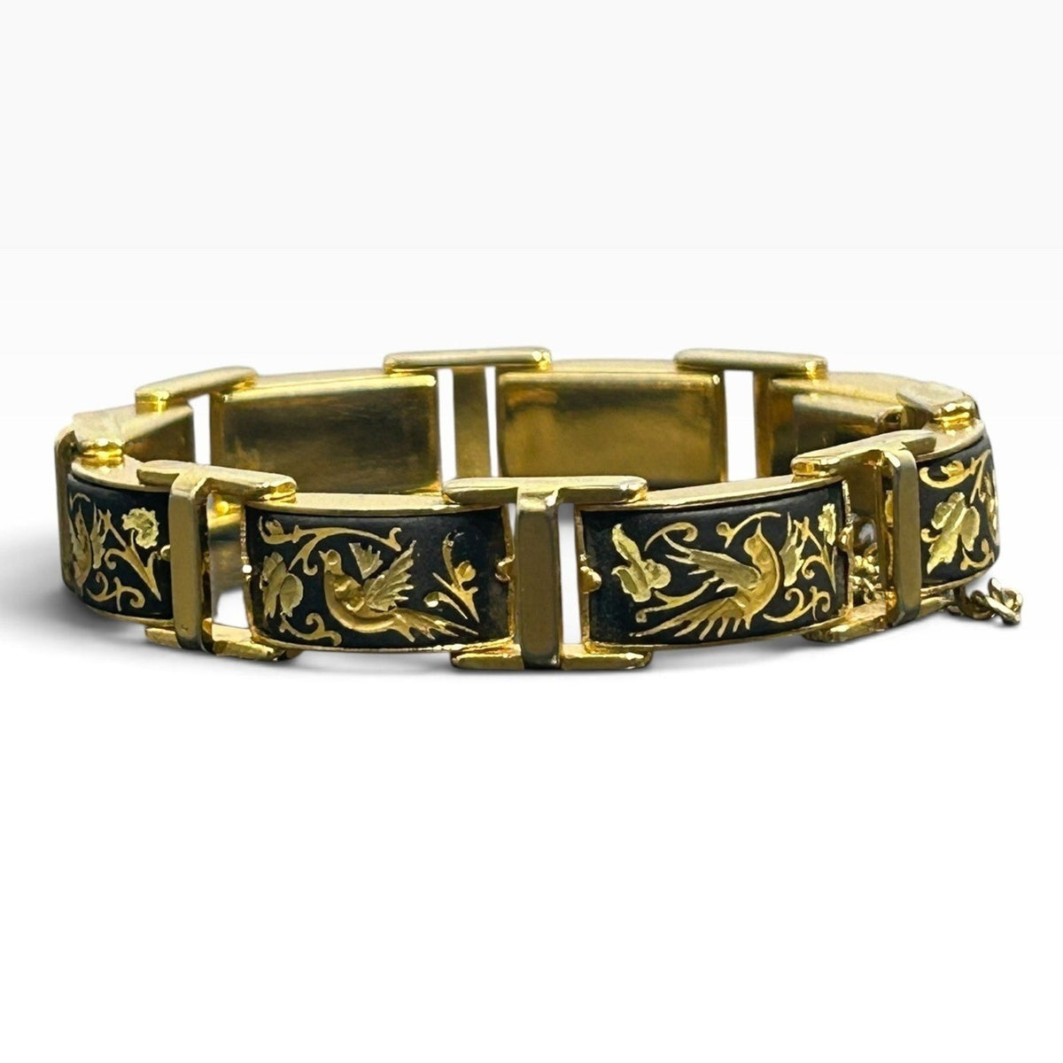 Vintage Spanish Damascene 24k Gold Inlay Bird Floral Link Bracelet 7.5in