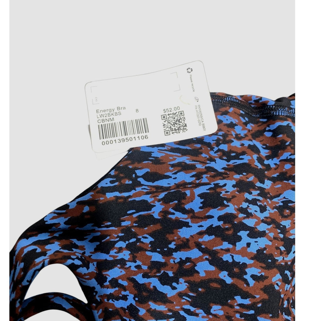 Lululemon Energy Bra Blue Brown Camo Strappy Sports Bra LW2BKBS Size 8