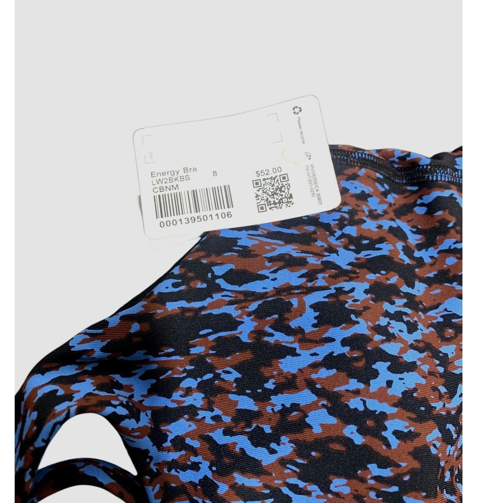 Lululemon Energy Bra Blue Brown Camo Strappy Sports Bra LW2BKBS Size 8