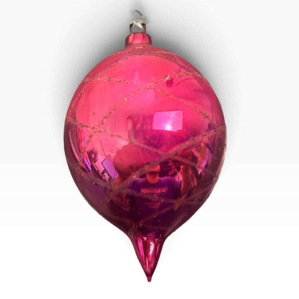 Vintage Poland Glass Teardrop Christmas Ornament Pink Bell Silver Glitter 3.5in