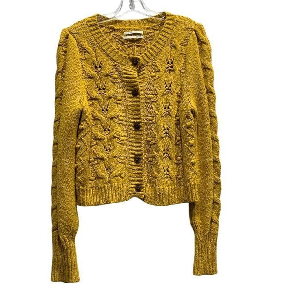 Anthropologie Mustard Yellow Cable Knit Puff Sleeve Button Front Cardigan M