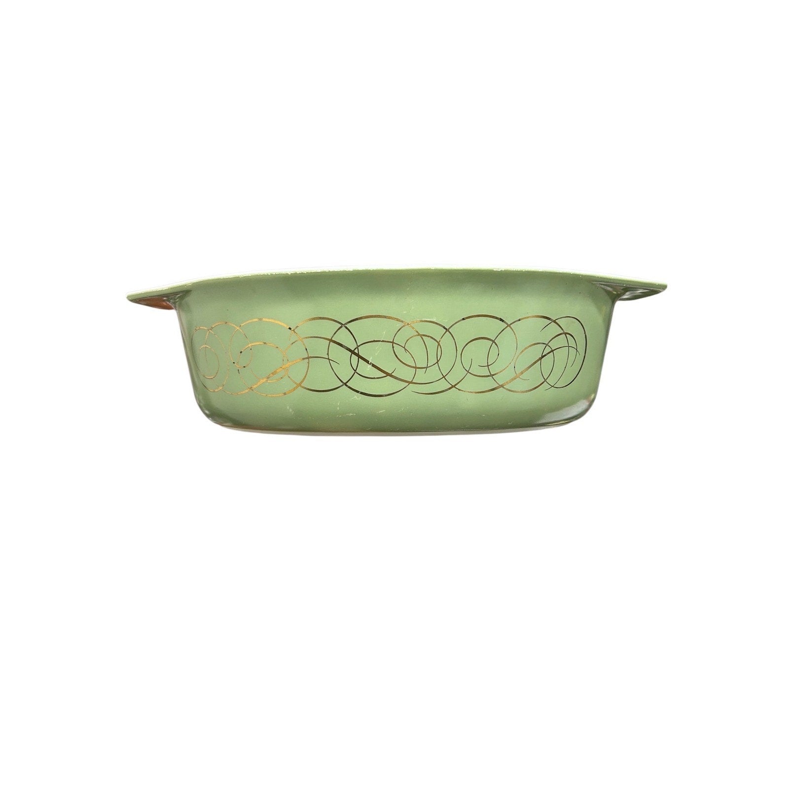 Pyrex 045 Golden Scroll 2.5 Qt Oval Casserole Dish Sage Green Gold No Lid