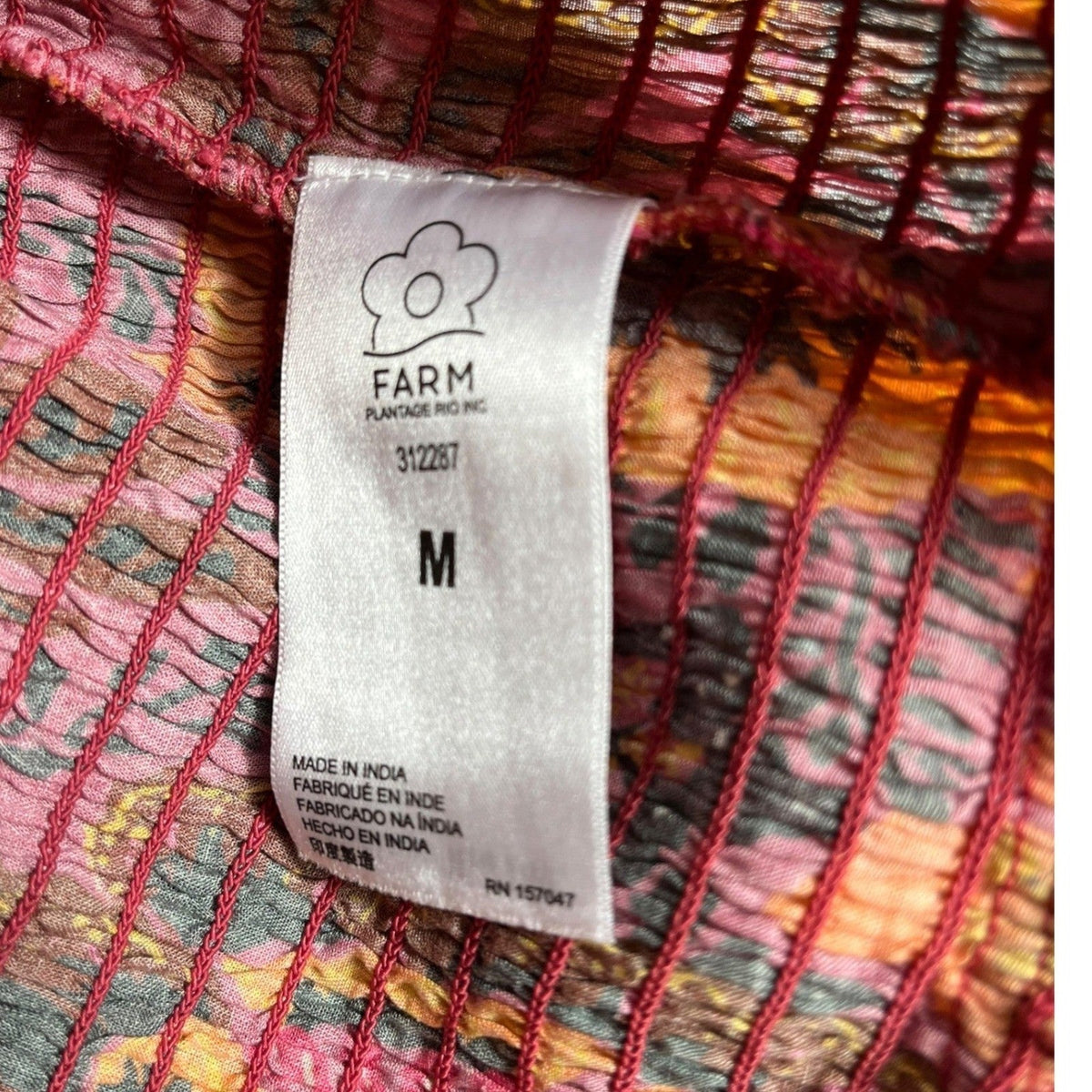 Farm Rio Garden Bloom Smocked Floral Crop Blouse Pink Orange Size M
