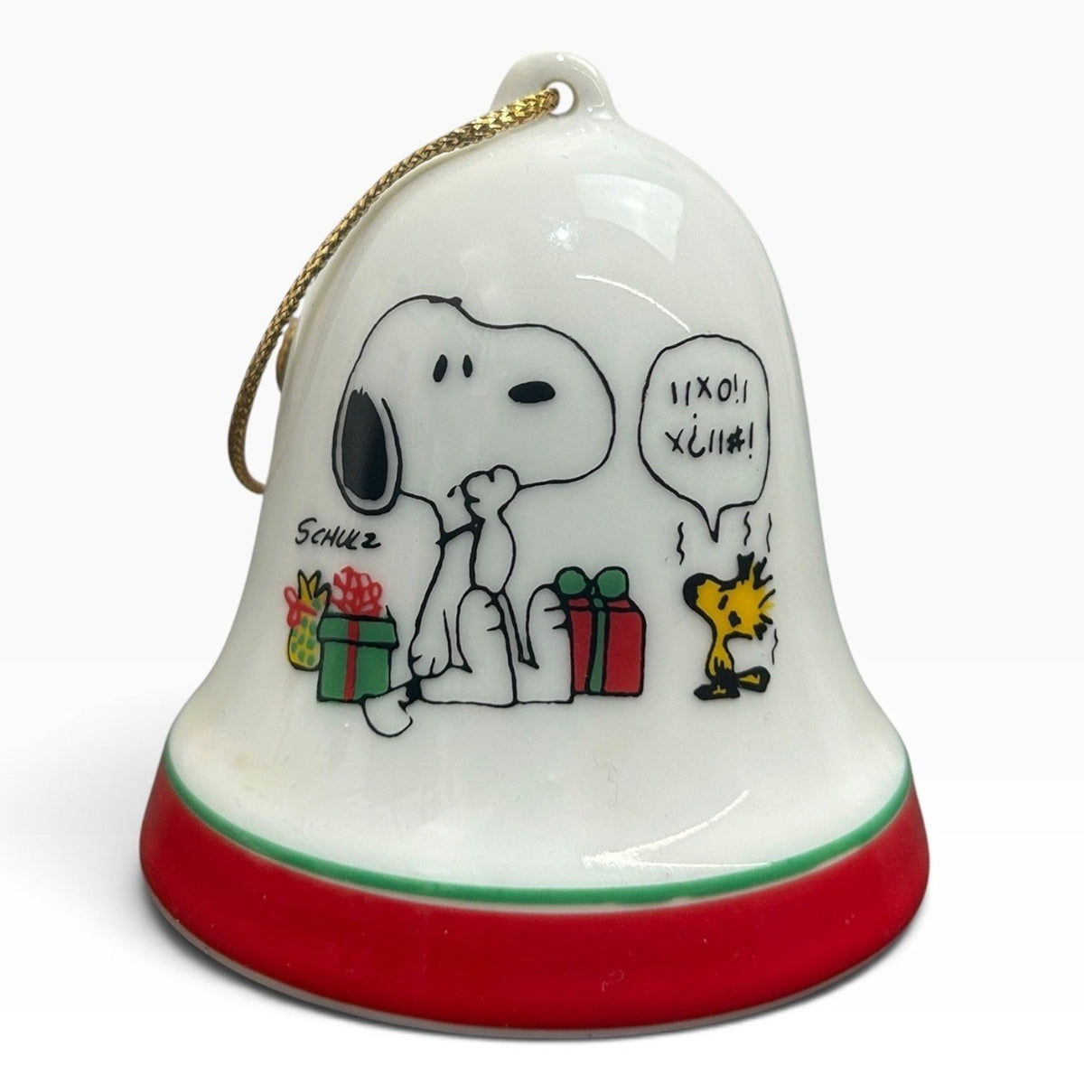 Vintage 1975 Peanuts Snoopy Woodstock Christmas Bell Ornament Ceramic 2.5"