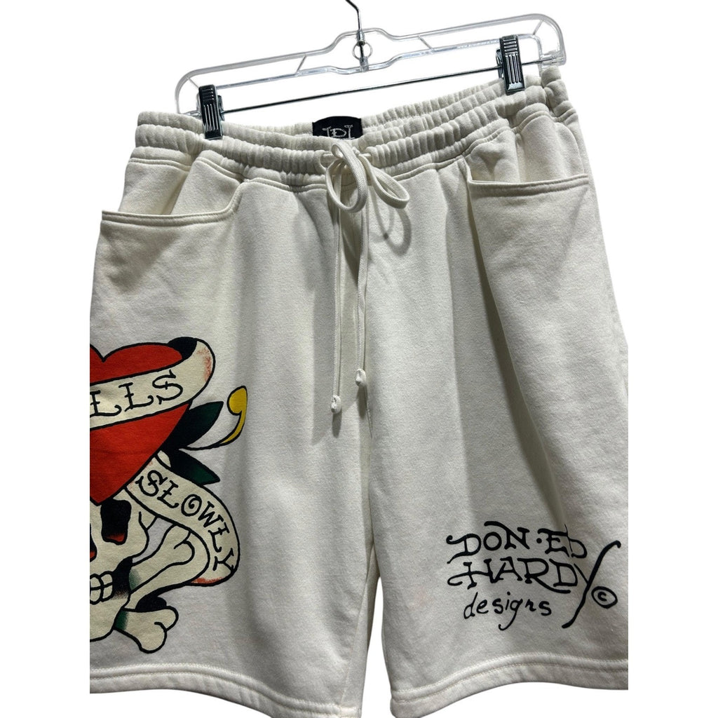 Ed Hardy Mens Kills Slowly Skull Heart Graphic Sweat Shorts Cream White Medium