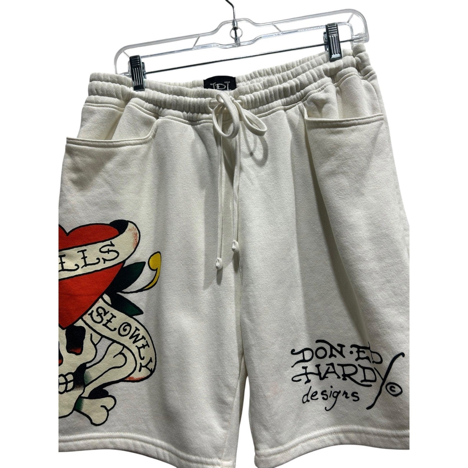 Ed Hardy Mens Kills Slowly Skull Heart Graphic Sweat Shorts Cream White Medium