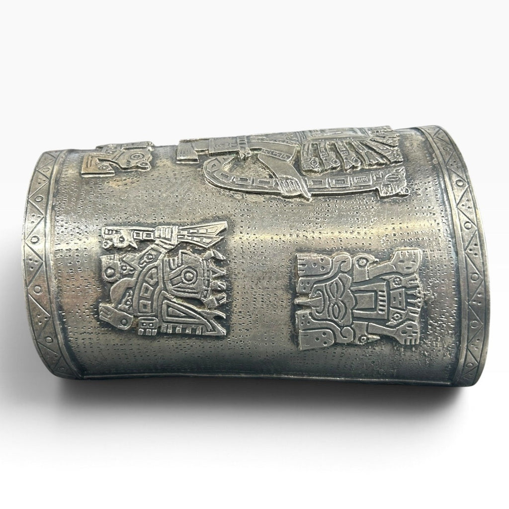 Vintage Peruvian Silver Cuff Bracelet Incan Inti Sun God Embossed 121g Patina
