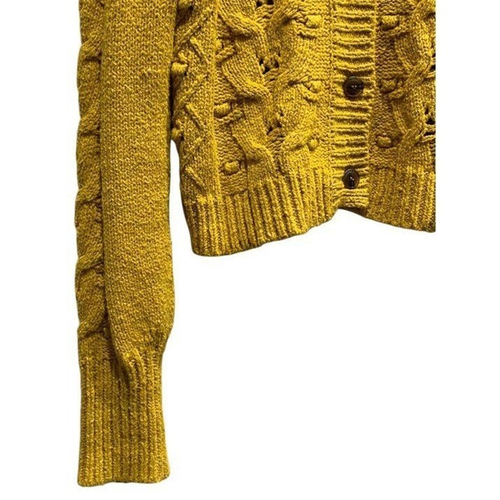 Anthropologie Mustard Yellow Cable Knit Puff Sleeve Button Front Cardigan M