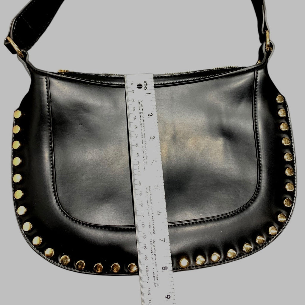 Anthropologie Studded Faux-Leather Shoulder Bag Black Gold Hardware Hobo Crescen
