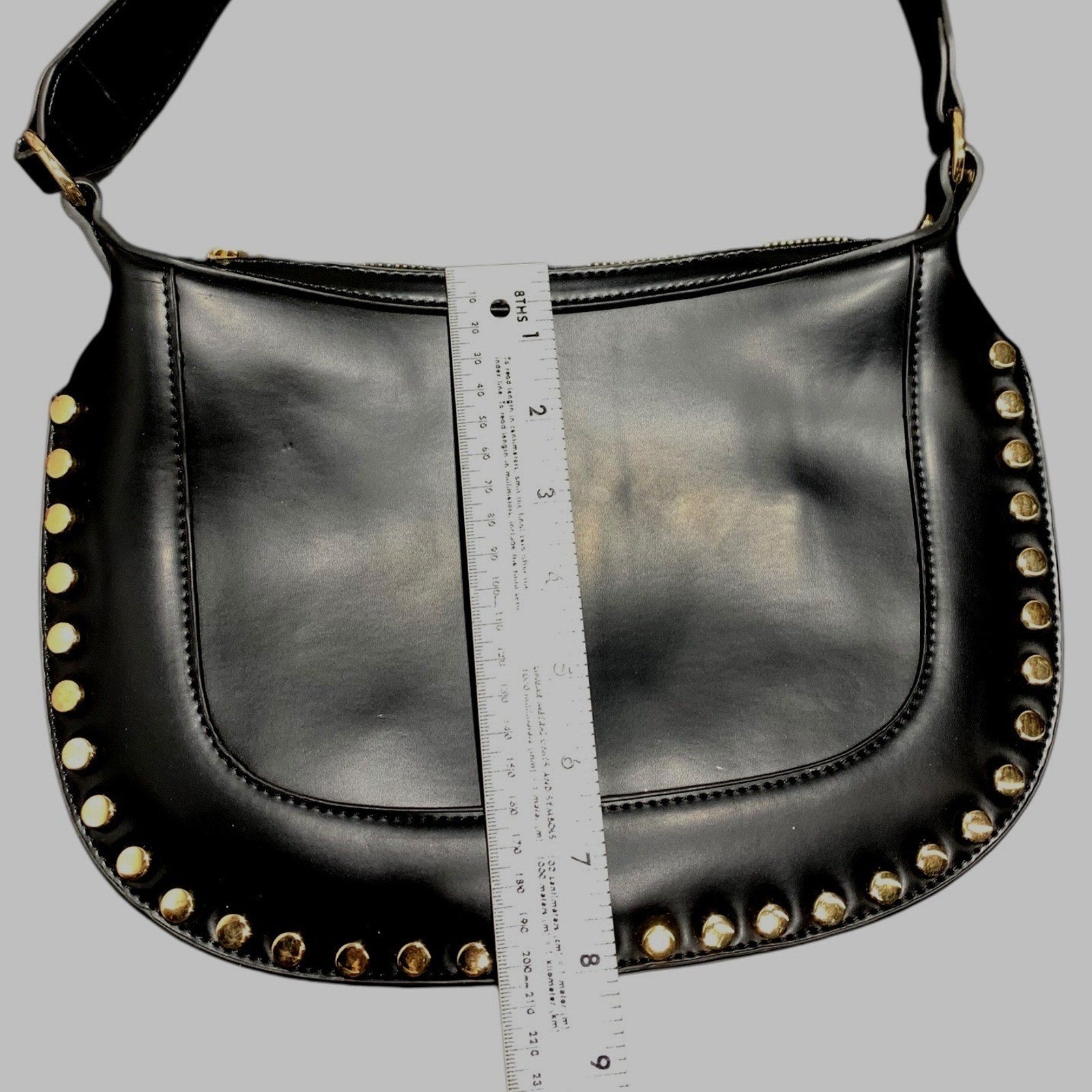 Anthropologie Studded Faux-Leather Shoulder Bag Black Gold Hardware Hobo Crescen
