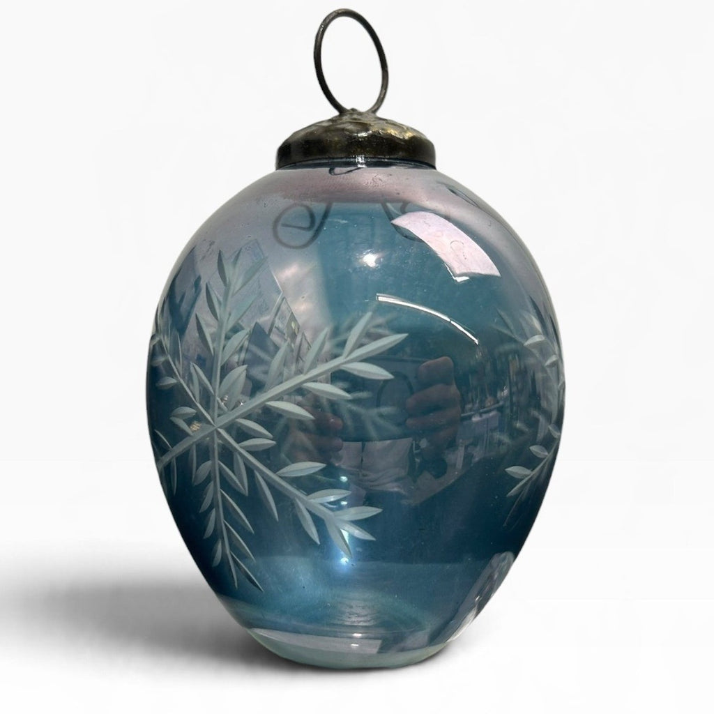 Vintage Light Blue Iridescent Etched Snowflake Glass Christmas Ornament 4 inch
