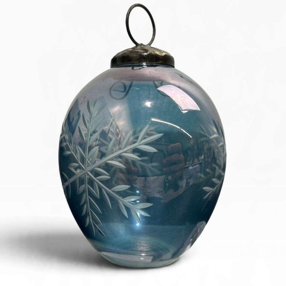 Vintage Light Blue Iridescent Etched Snowflake Glass Christmas Ornament 4 inch