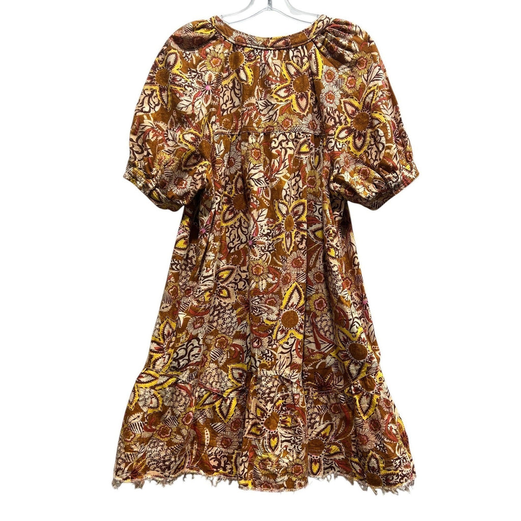 Pilcro Anthropologie Womens XL Brown Paisley Floral Puff Sleeve Tiered Mini Dres
