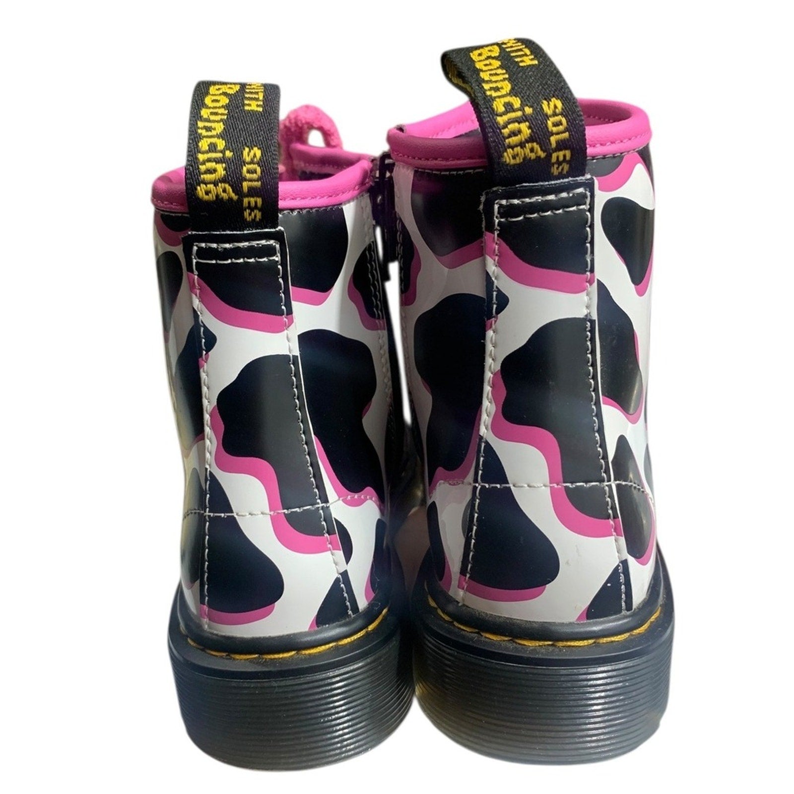 Kids Dr Martens Boots Cow Print Pink Laces Side Zip Youth Size 1