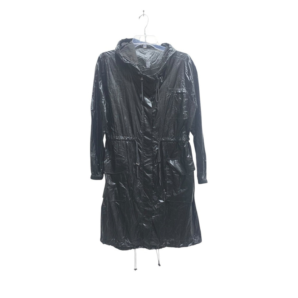 GOOD AMERICAN the metallic duster Black Metallic  Hooded Jacket Drawstring SZ 1