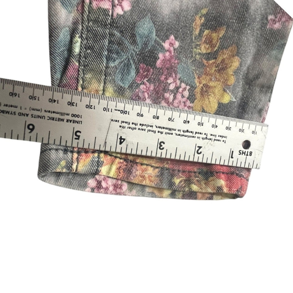 Miss Me Floral Print Skinny Jeans Grey Pink Orange Mid Rise Denim Size 27 whimsy