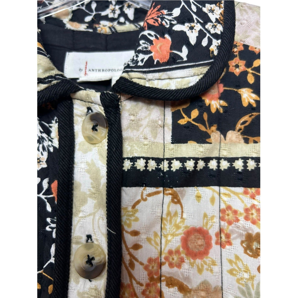 Anthropologie Quilted Patchwork Floral Jacket Black Cream Orange XS XS Boho