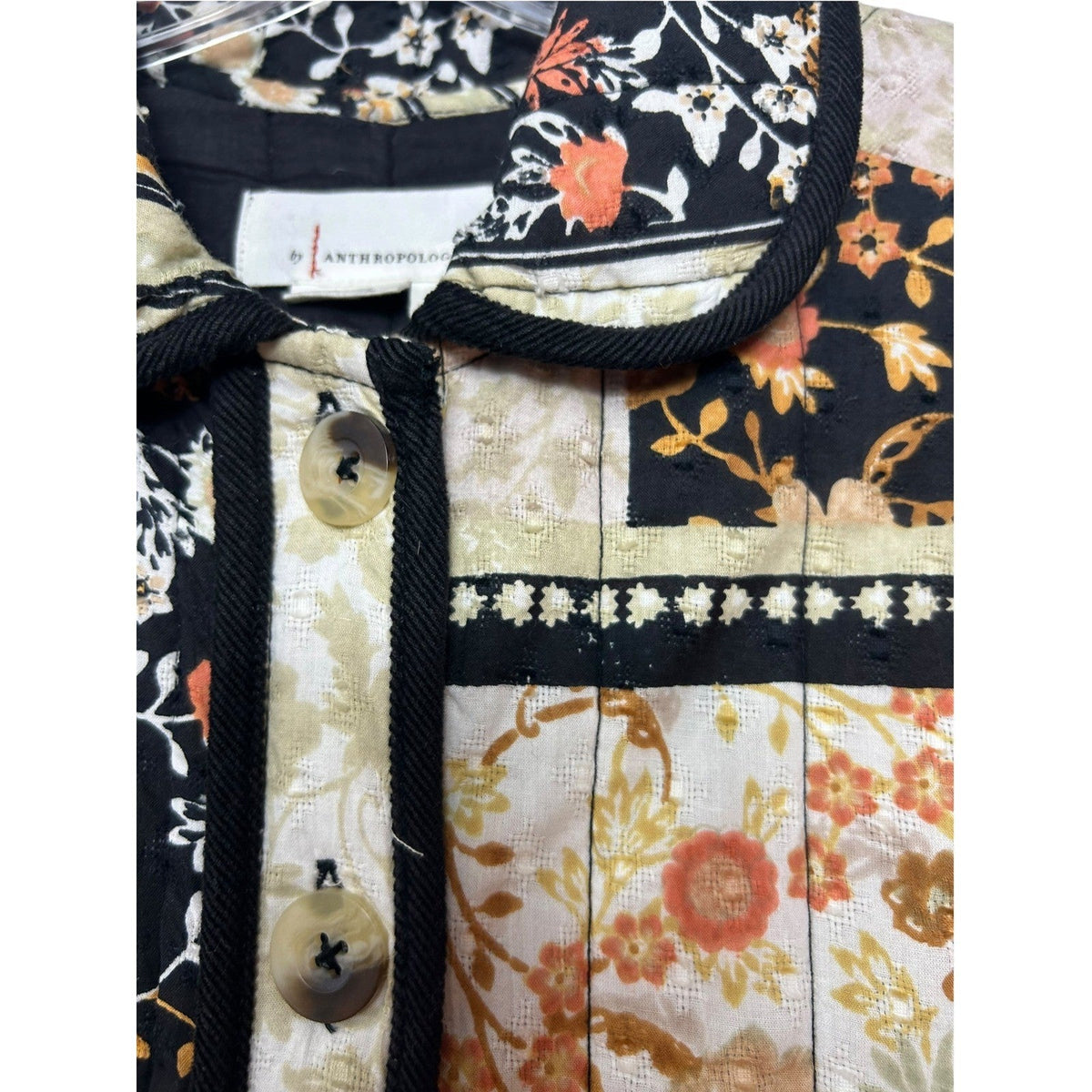 Anthropologie Quilted Patchwork Floral Jacket Black Cream Orange XS XS Boho
